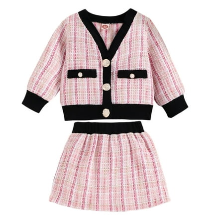 

SYNPOS 2PC Pink Plaid Gown Button Down Cardigan Sweater + Tutu Skirt Outfits