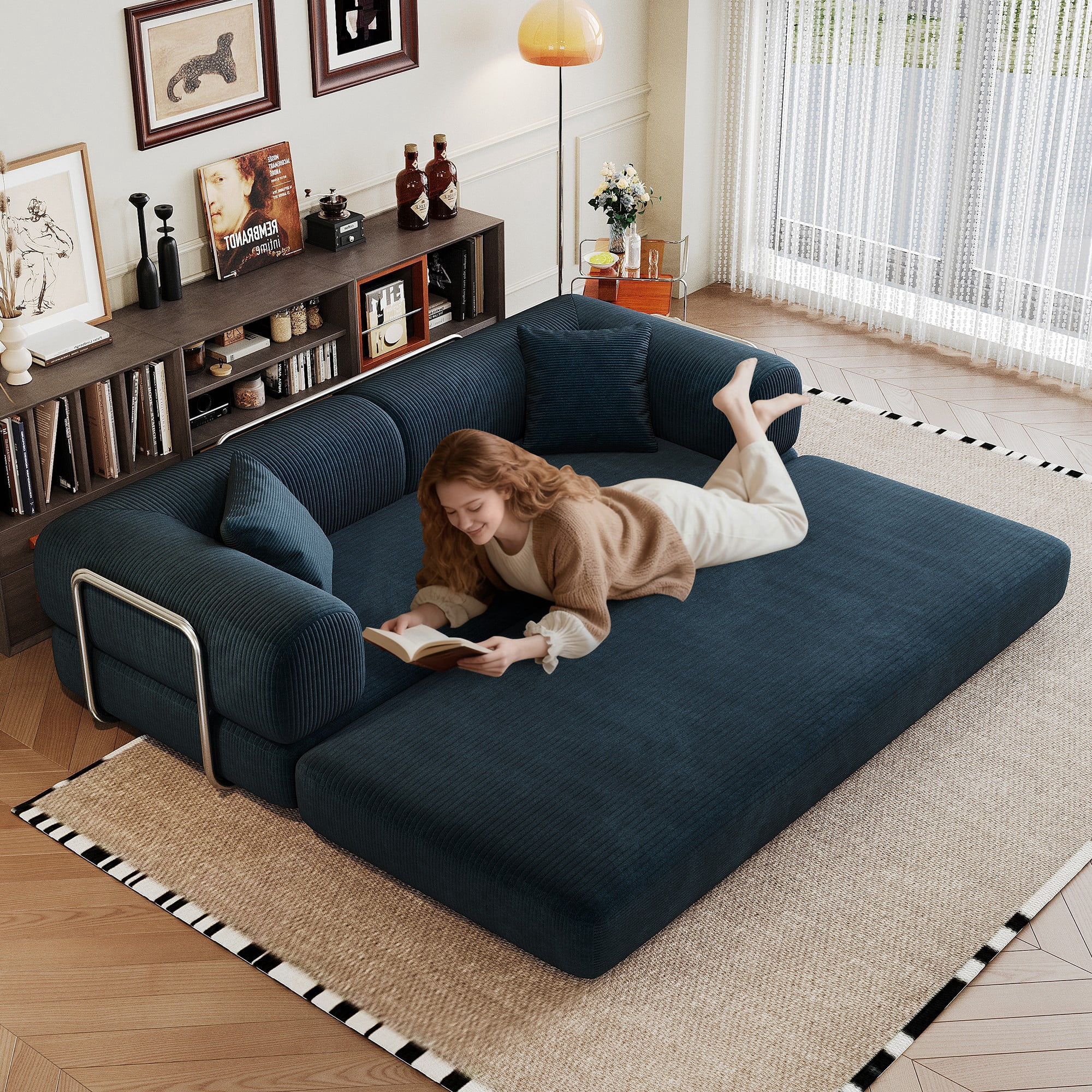 78.8" Compression Sofa Bed, Convertible Floor Futon Couch with Pillow & Armrests, Modular Corduroy Sofa, Blue