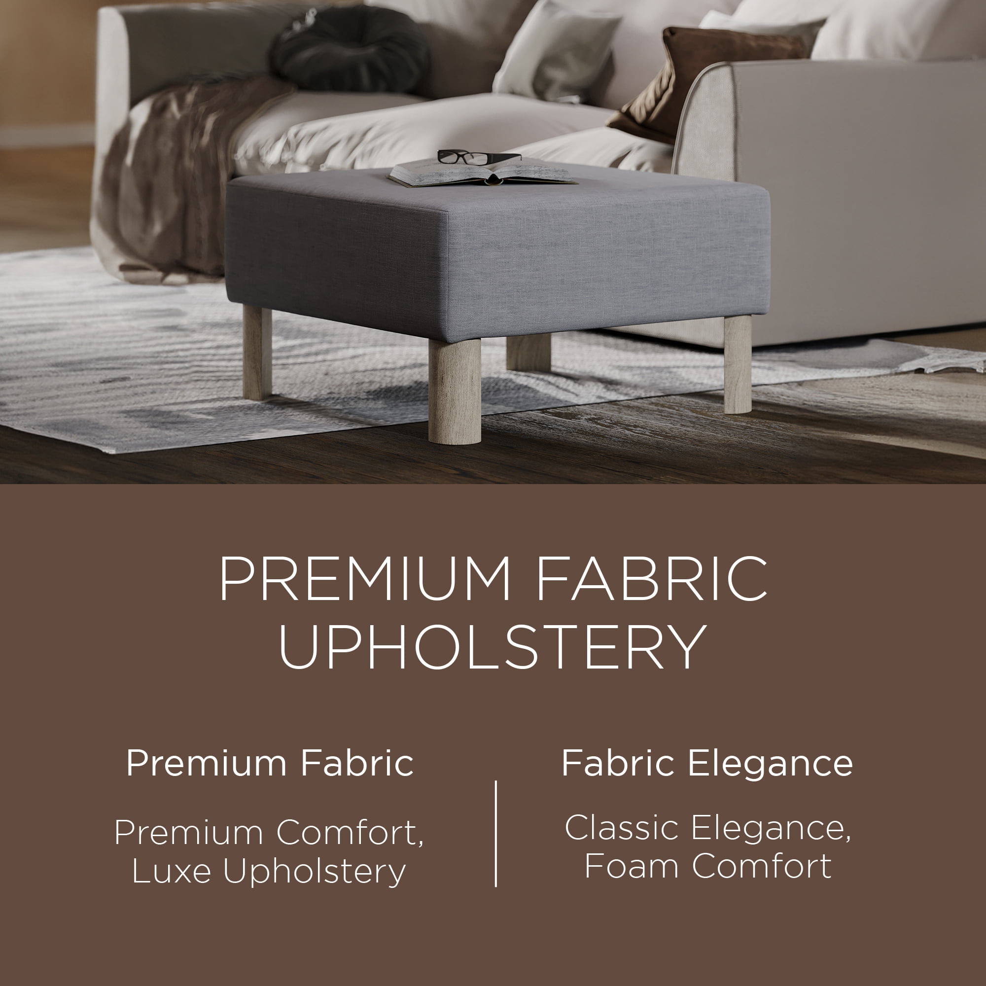 Maven Lane Lena Upholstered Ottoman - Large Square Footrest With Wood Legs, Natural Finish