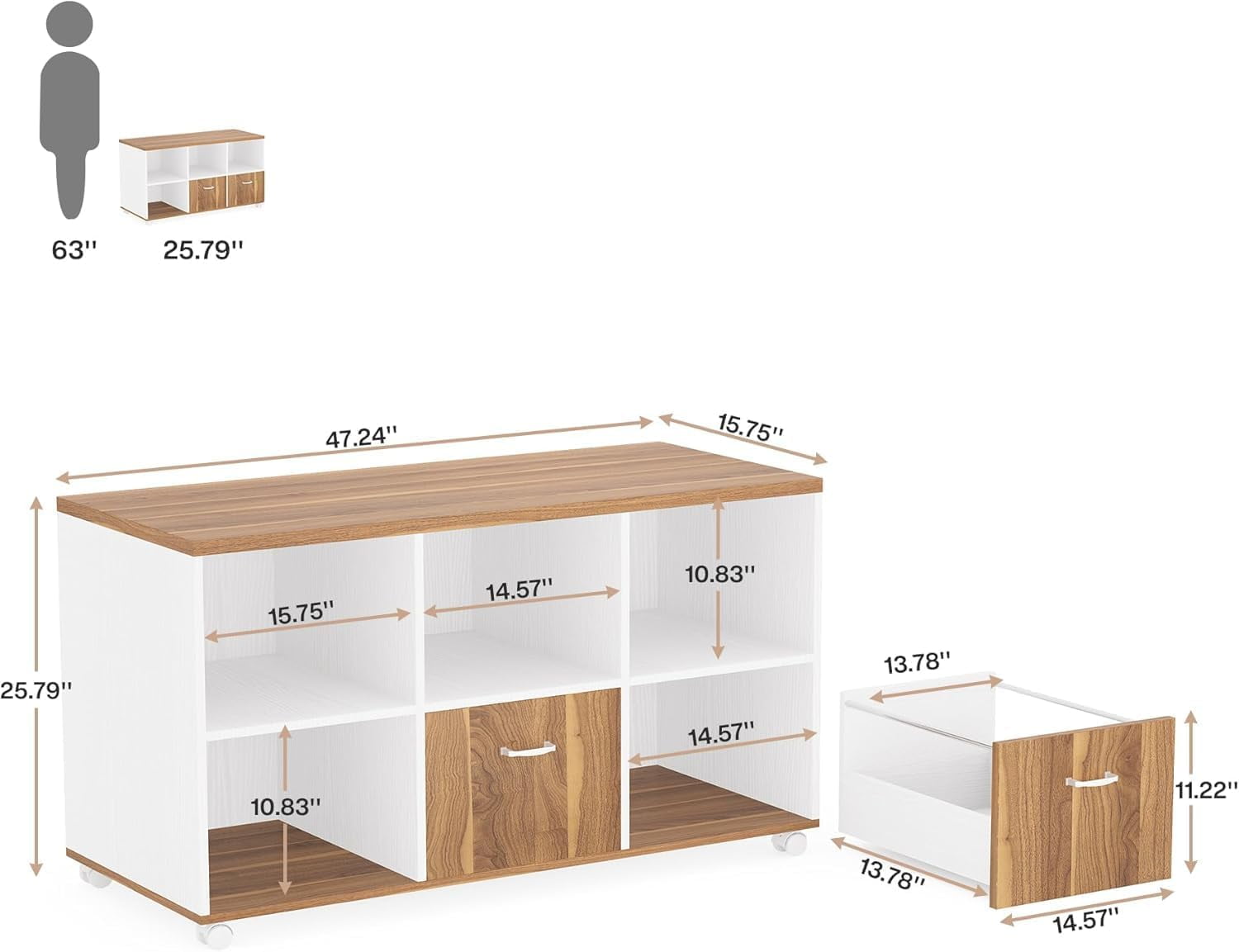 Tribesigns Mobile Lateral File Cabinets with 2 Drawers and 4 Storage Cubes (Brown and White)