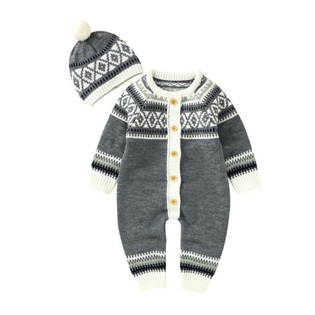 

Nokpsedcb 2PCS Infant Baby Boys Girls Christmas Jacquard Clothes Set Long Sleeve O-neck Button-up Romper+Hat with Fuzzy Ball Grey 12-18 Months