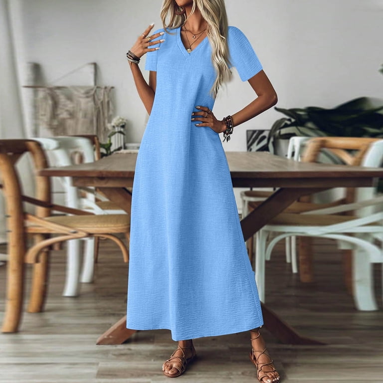 loose fitting cotton summer dresses Womens Summer Dresses, Soft Cotton Linen Blend Maxi Dress, Short Sleeve V  Neck Loose Fit Casual Dress White M