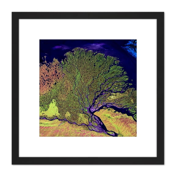 Landsat Satellite Lena River Delta Photo 8X8 Inch Square Wooden Framed Wall Art Print Picture with Mount