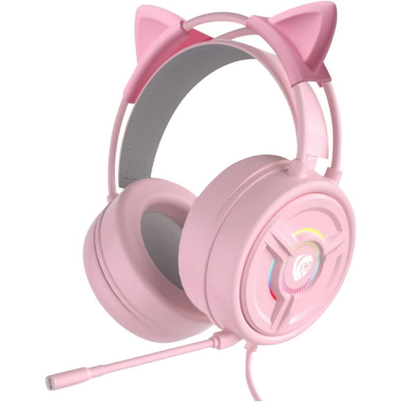 Gaming Headset with Mic, Pink Detachable Cat Ear Headphone Lightweight Self-Adjusting Over Ear Headphone