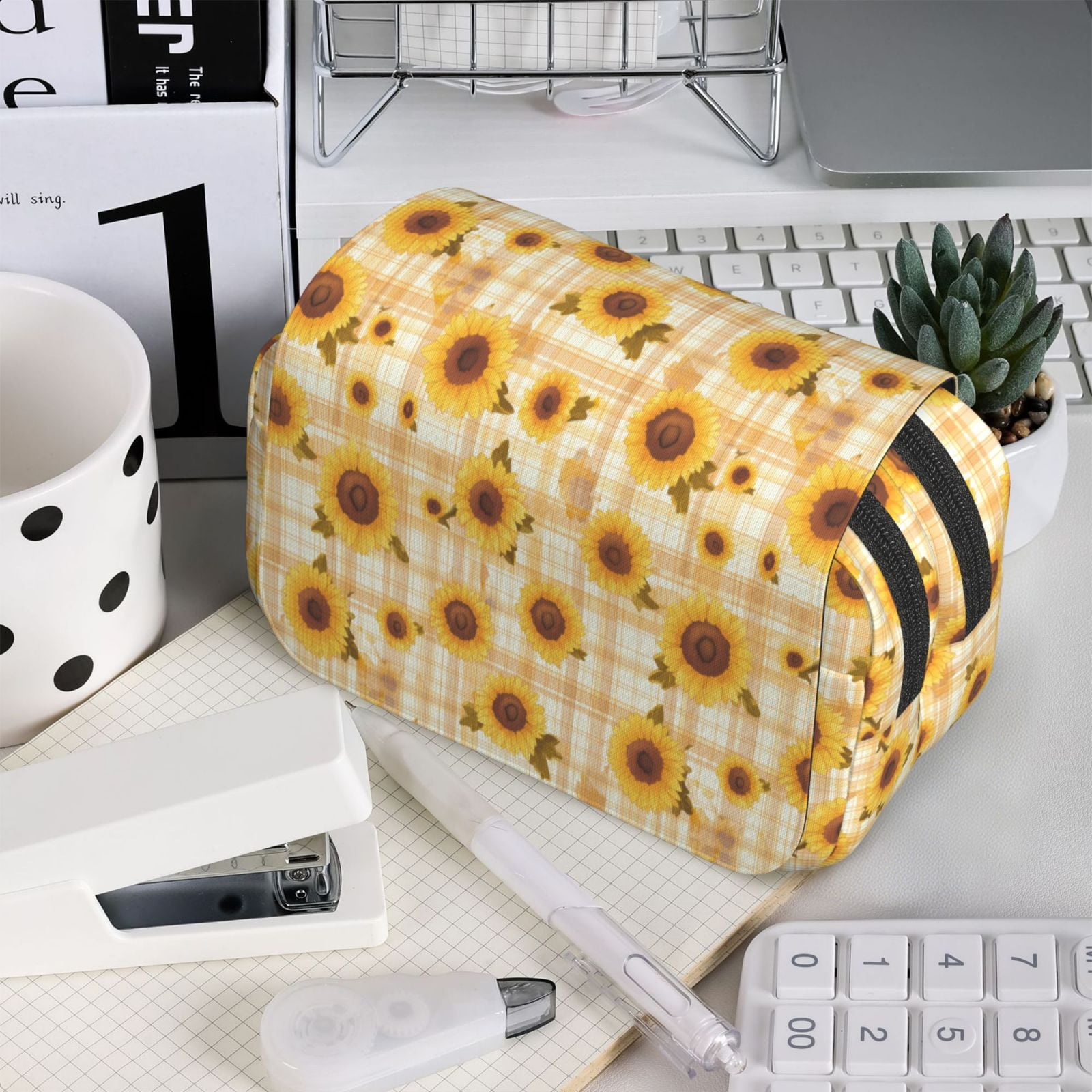 Rateoe Coffee Plaid Sunflower Pattern Double Clamshell Pen Case, Storage Organizer with Two Zipper Compartments– Holds Up to 50 Pencils & Pens