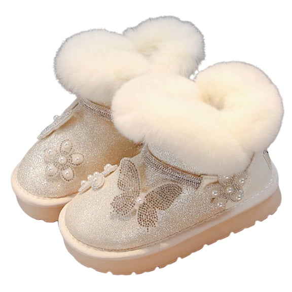 DMDUOU Snow Boots for Girls Winter Warm Fur Lined Booties Slip on Lightweight Ankle Boots Outdoor Cold Weather Shoes Beige 35