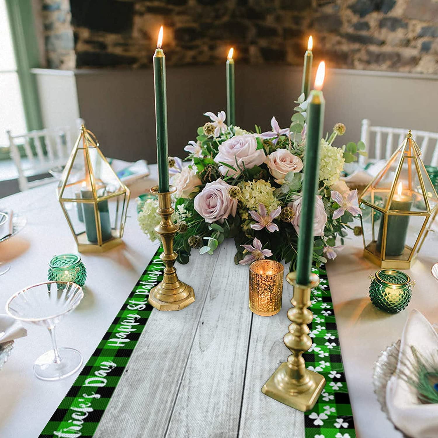 Green Farm Truck Shamrock Tablecloth for Farmhouse Wood Board Table Kitchen Dining Wedding Picnic Party Irish Festival Patricks Day Table Runner Dresser Scarves for Holiday Dining Party Shan-S St 