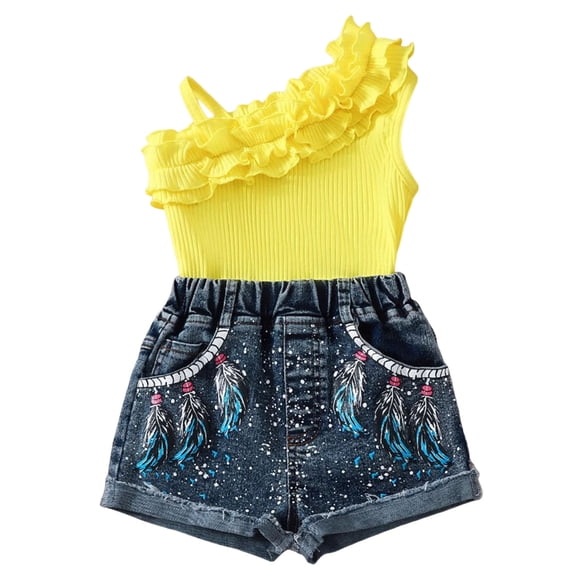 Girls 2 Piece Outfits Fashion Printed Sleeveless One Shoulder Tops and Denim Shorts Clothes for Girls Size 3-7