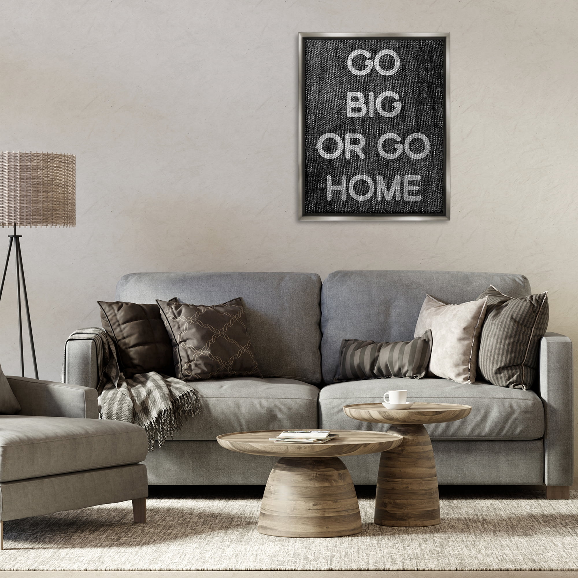 Stupell Industries Go Big or Home Phrase Text & Numbers Painting Gray Floater Framed Canvas Art Print Wall Art, 25 x 31