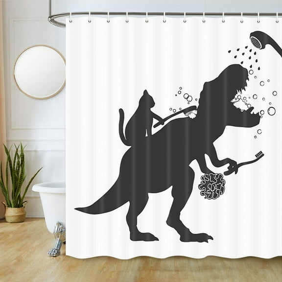Funny Cat Dinosaur Shower Curtain for Kids Boys, Cool Cat Help Dino Take a Bath Shower Curtain with Hooks, Black White Cartoon Animal Fabric Bathroom Curtain 69W X 70L Inch