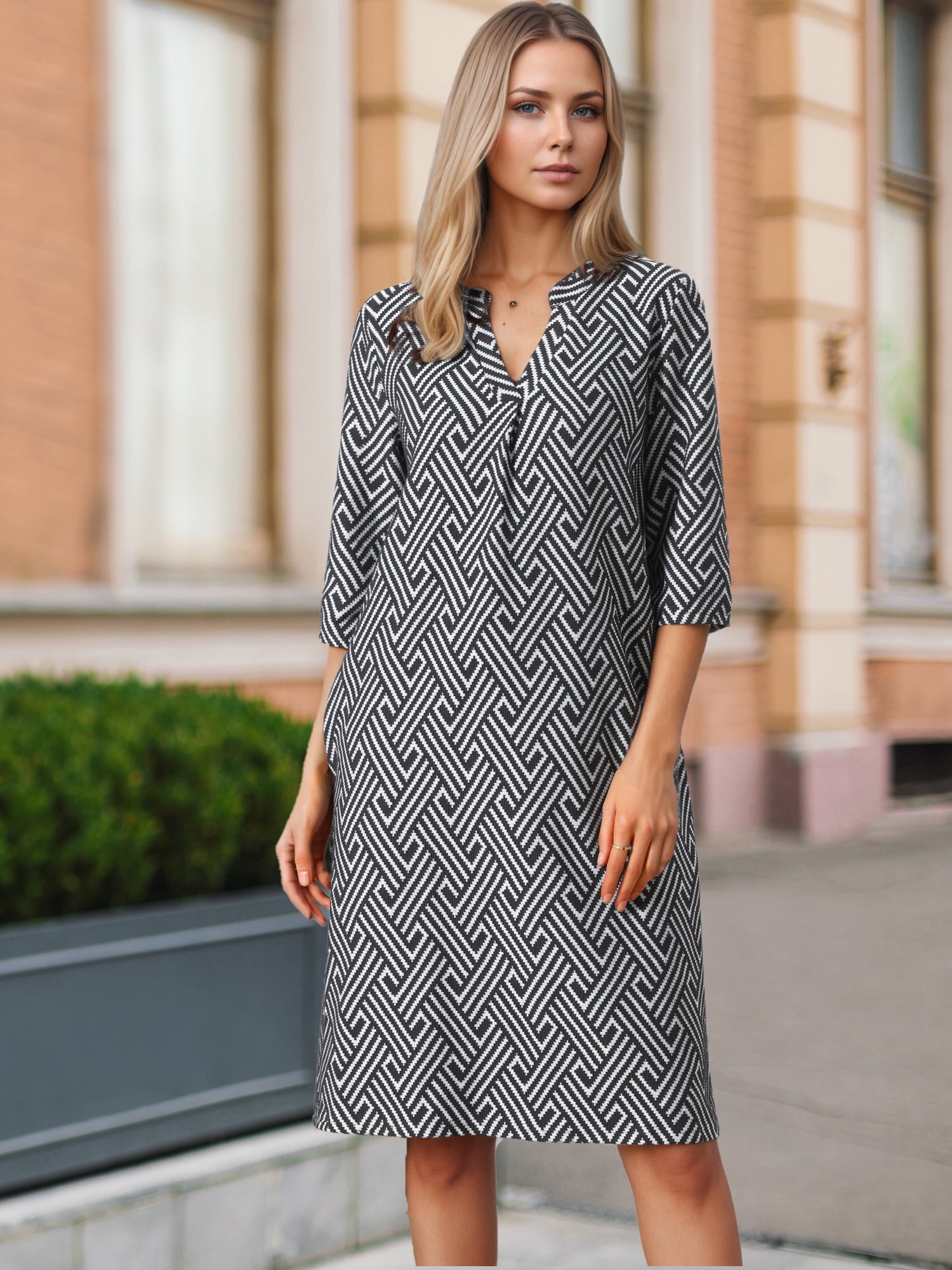 DARING DIVA Women's 3/4 Sleeve V Neck Zigzag Print Dress XL Black
