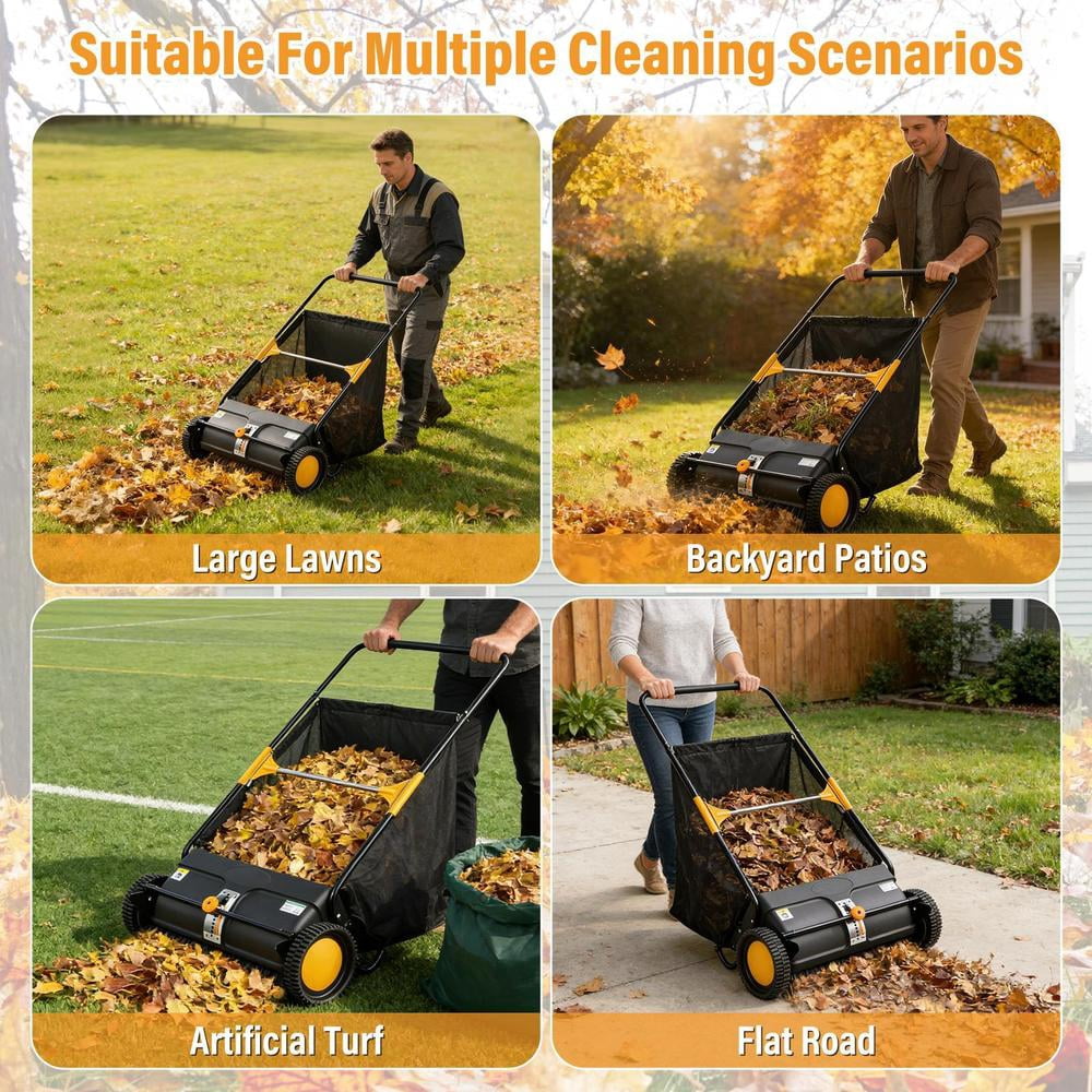 Upgraded 26 Inch Push Lawn Sweeper | Spinnings Brushes & Adjustable Height for Deep Cleaning | Large Bag for Leaves, Grass, Debris on Lawns & Driveways (26 Inch,Black)