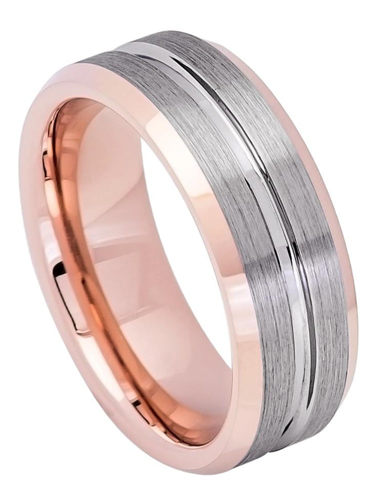 8MM Comfort Fit Tungsten Carbide Wedding Band Double Grooved Brushed Center Domed Ring 5 to 15 