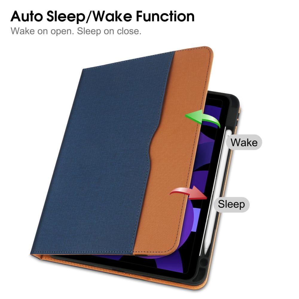 iPad Air 5th/4th Generation Case 2022/2020, iPad Air 10.9 Inch Case Cover with Built-in Pencil Holder and Hand Strap, Auto Sleep/Wake, Multiple Viewing Angles for iPad Air 5/4 Gen, Blue/Brown