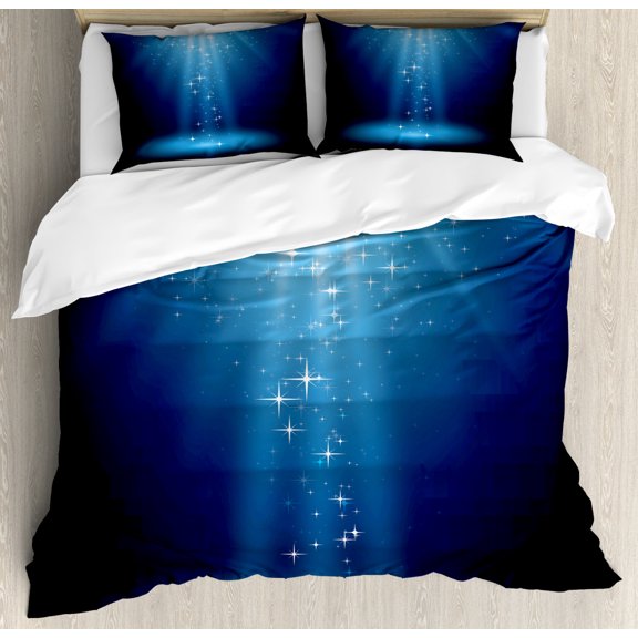 Magic Duvet Cover Set King Size, Magical Starry Night Sky Vibrant Blue Tones Exploding Flakes Illustration, Decorative 3 Piece Bedding Set with 2 Pillow Shams, Night Blue Sky Blue, by Ambesonne