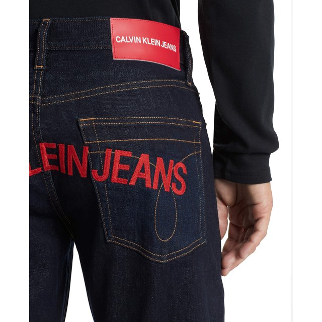 Calvin Klein Mens Logo Slim Fit Jeans, Blue, 32W x 32L