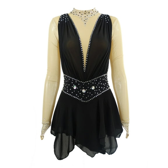 LIUHUO Customized Black Spandex Figure Skating Dress for Girls & Women - Deep V - Neck with Rhinestone Embellishments