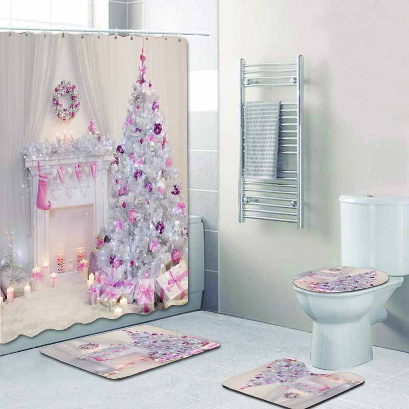 Winter Snowflake Christmas Plain Backdrop Shower Curtain Hooks Fabric Bath Mat 