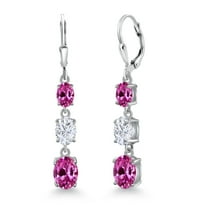 Gem Stone King 925 Sterling Silver Pink Created Sapphire 3 Stone Dangle Earrings for Women (6.10 Cttw, Gemstone September Birthstone, Oval 8X6MM, 7X5MM and 6X4MM)