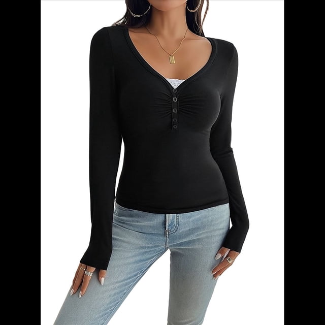 Camisa de Larga para Mujer, Cuello en V, Botones, Punto Acanalado, Corte Entallado, Informal, Básica, para y Otoño Negro S