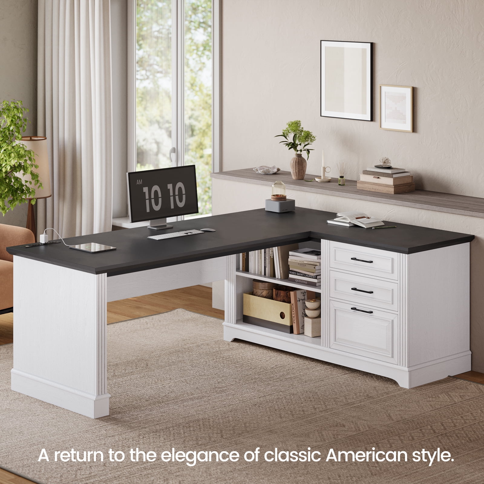 SEDETA Farmhouse L Shaped Desk with Storage, Home Office Desk with Power Outlets, Drawer, File Drawer & 2-Tier Open Shelves, Elegant Corner Computer Desk, PC Large Wood Workstation, White & Black Top