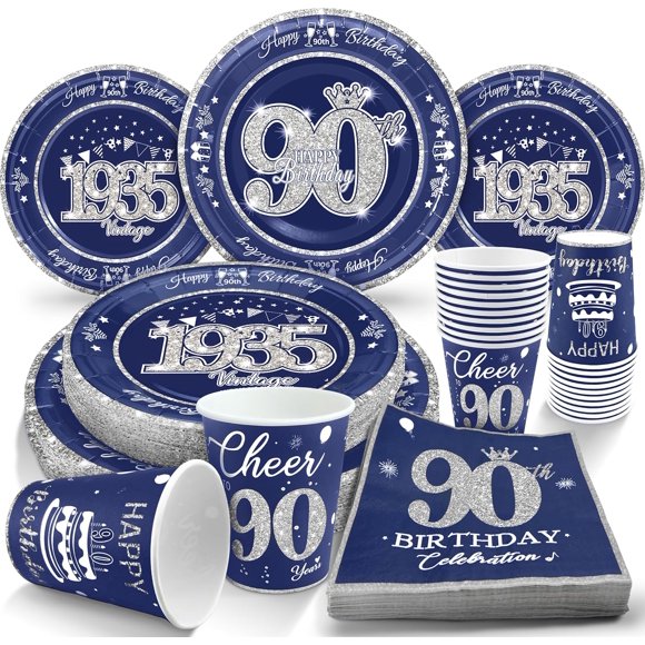 algpty 90th Birthday Decorations Blue and Silver, Service for 30, Vintage 90th Birthday Party Supplies Includes Blue and Silver 1935 Plates, Napkins,Cups, Plates and Napkins for Men Women