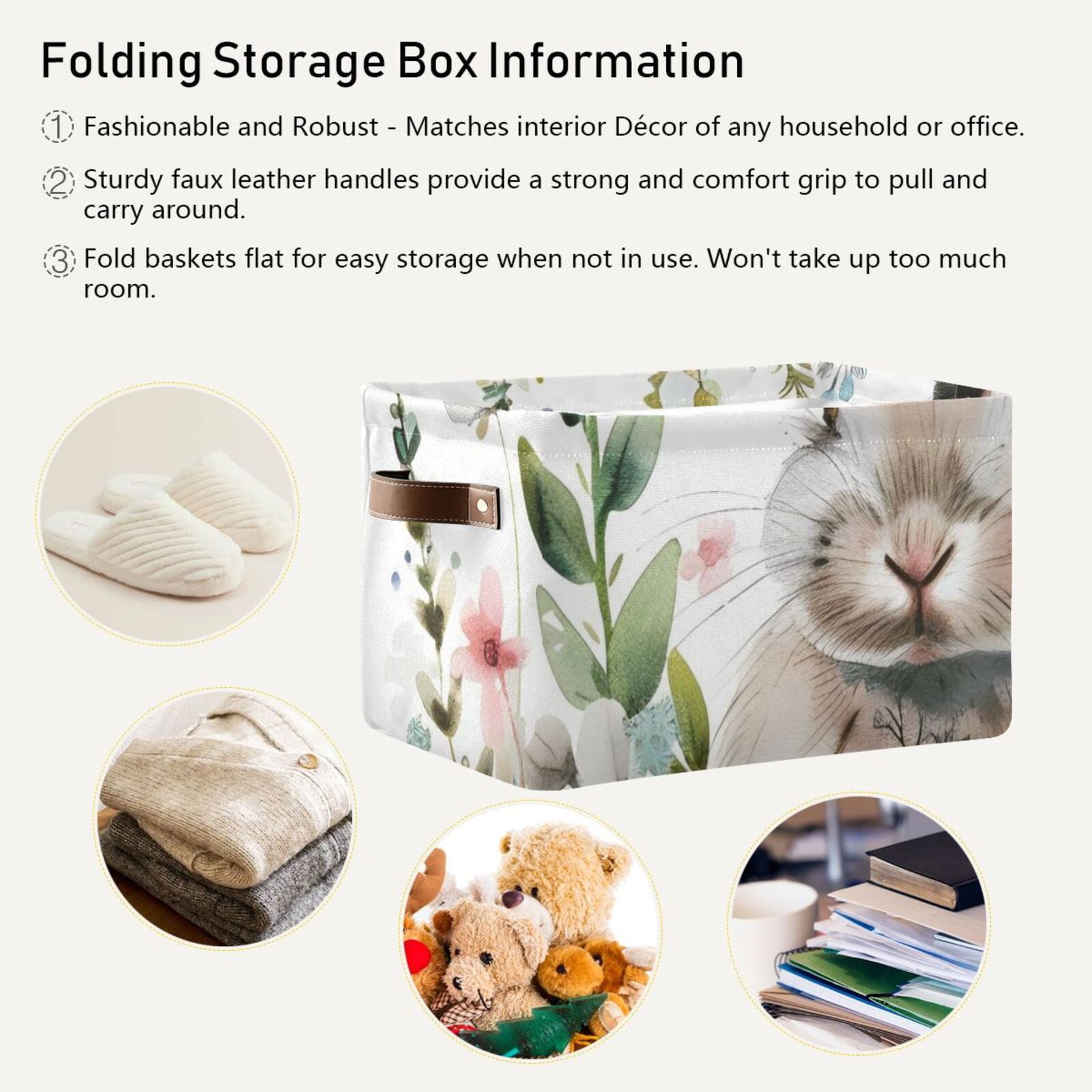 Bunny in Floral Flowers Rabbit Storage Bins Baskets With Handles Storage Box Clothes Organizer Organization Toys