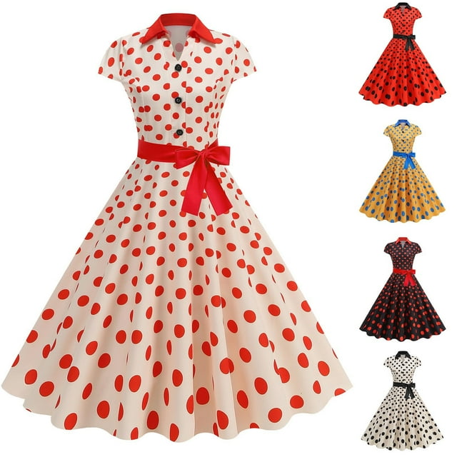 KIHOUT Robes Midi pour Femmes Mode à Pois Imprimé Col à Revers Robe avec Ceinture Manches Courtes Col en V Grand Ourlet Robe Ligne A