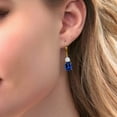 thumbnail image 3 of Gem Stone King 18K Yellow Gold Plated Silver Blue Created Sapphire and White Moissanite Dangle Earrings for Women (7.54 Cttw, Gemstone September Birthstone, Oval 10X8MM, Trillion 5MM), 3 of 5