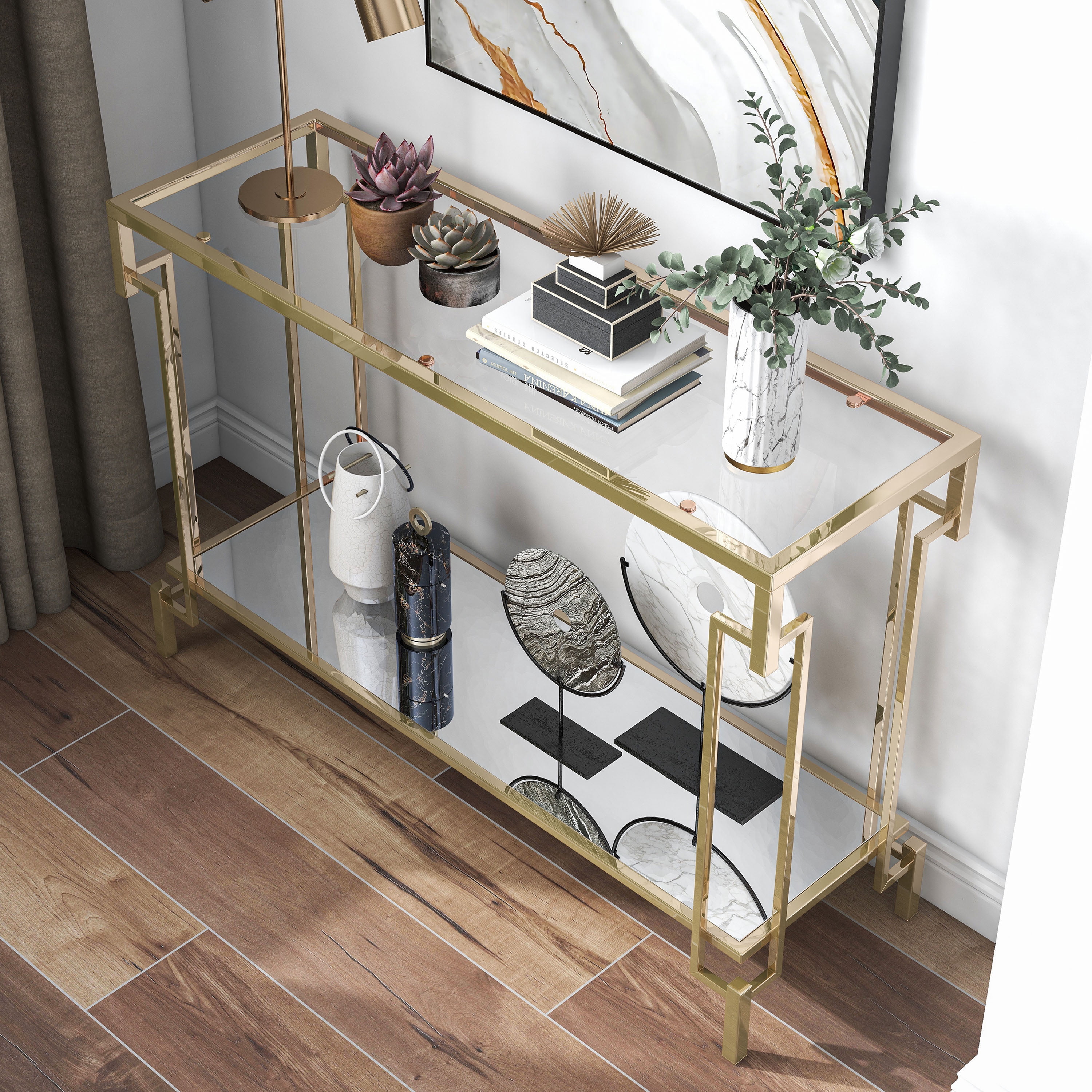 Furniture of America Triste 1-Shelf Glass Top and Metal Champagne Sofa Table