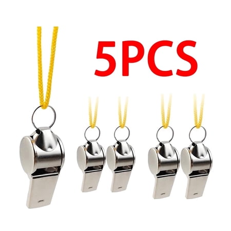 5 Pack Metal Sports Whistles with Lanyard, Loud Crisp Sound Whistles Great for Coaches, Referees, and Officials