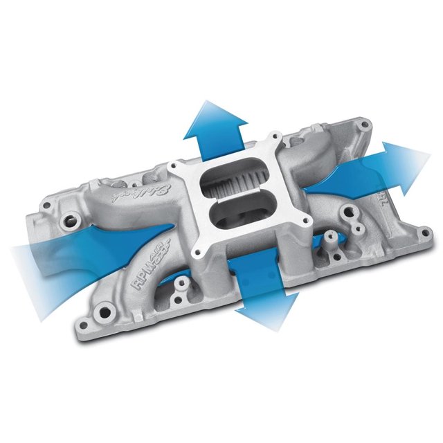Edelbrock Collecteur d'Admission 7521 Tr/min Espace d'Air; Gamme 1500-6500 Tr/min; Double Plan; Carburateur à 4 Barils à Alésage Carré; Aluminium; Naturel