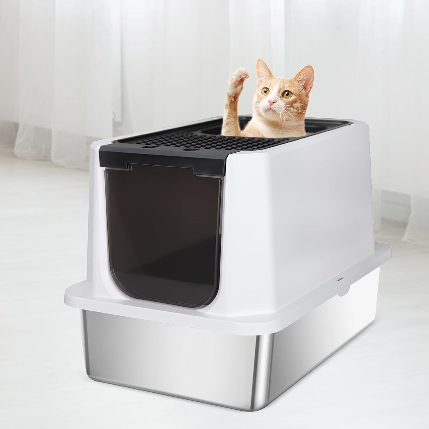 Stainless Steel Cat Litter Box, Semi-Enclosed Litter Box with Raised Edges, Anti-Leakage & Odorless, Large Litter Box for Small to Large Sized Cats (Black, 23.8" L*15.9" W*16.1" H)