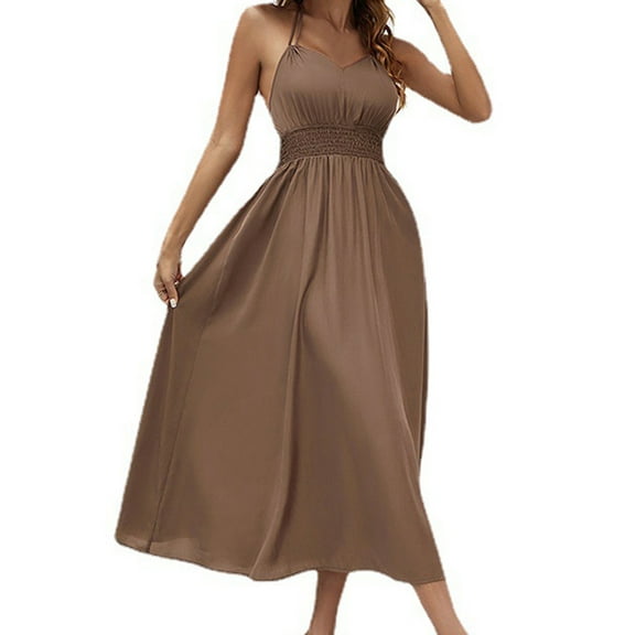 Women's Spring Summer Elegant Dress Halter Neck V Neck Sleeveless Tie Smocked High Waist Flowy Maxi Dresses Brown,S