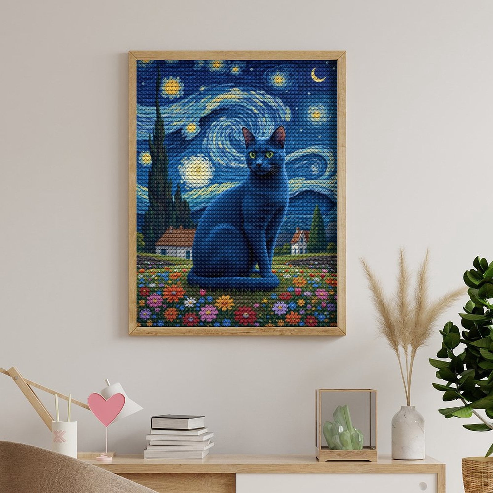 Diamond Art Kits for Adults, Starry Night Blue Cat Garden Scene 5D Diamond Painting Kits for Adults Beginners, DIY Full Drill Diamond Painting, Gem Art and Crafts 12x16