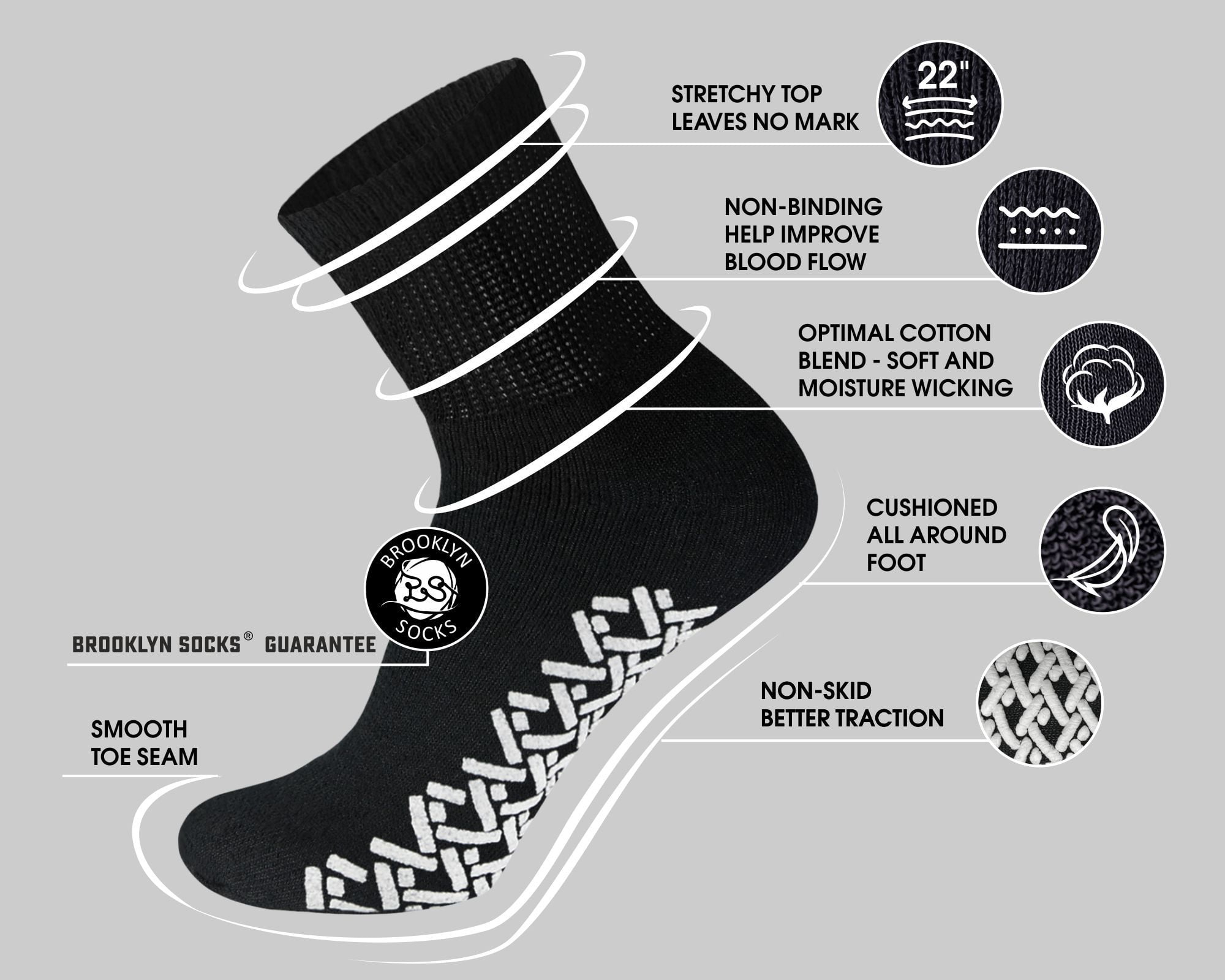 60 Pairs of Non-Skid Diabetic Ankle Cotton Socks with Non Binding Top, Brooklyn Socks Health Collection, Wholesale Bulk Value Pack (Black, Fit Men's Shoe Size 11-13)