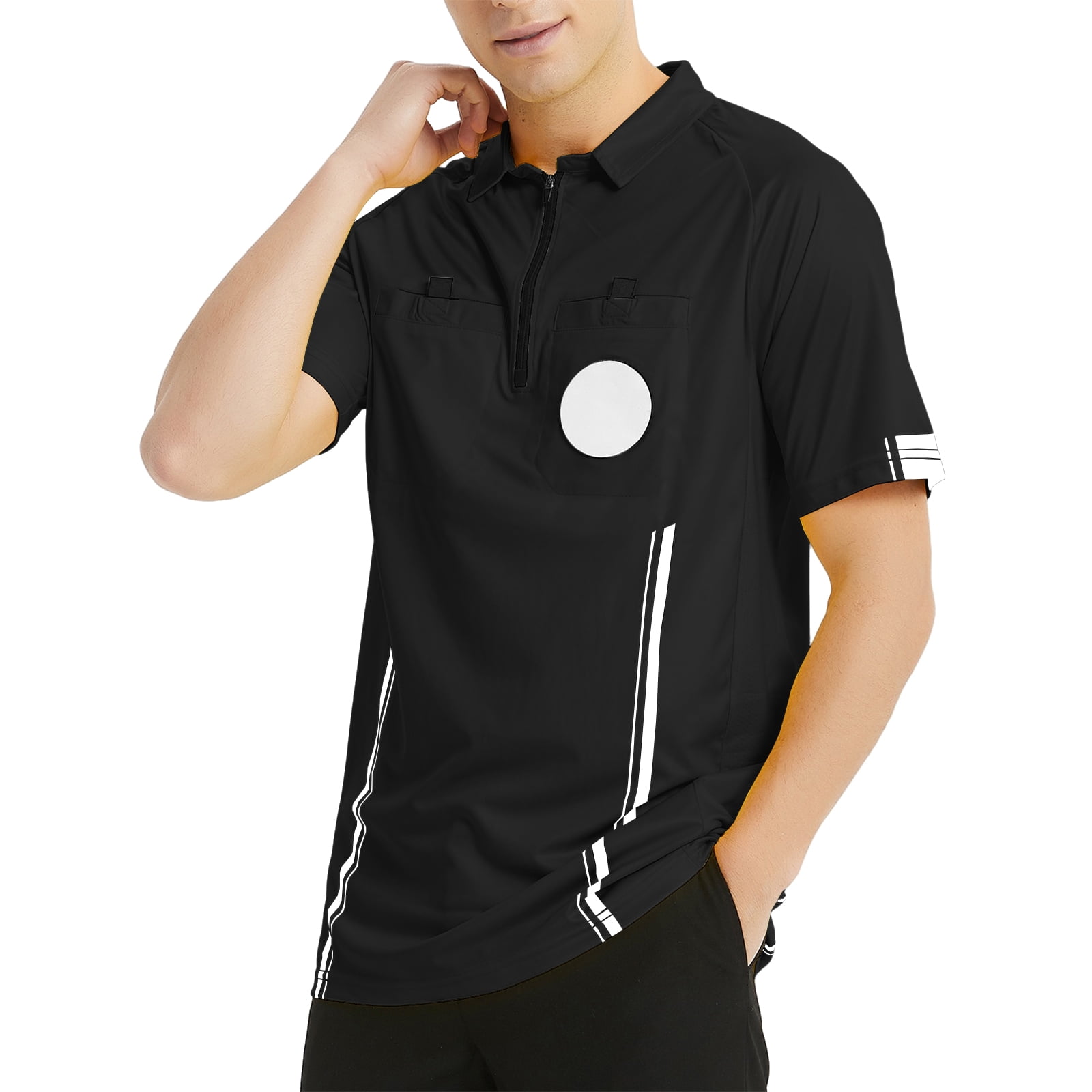 Toptie Men\'s Soccer Referee Jersey Officials Pro Short Sleeve Referee Shirts-Black-XS
