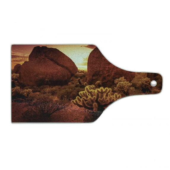 Saguaro Cutting Board, Dramatic Desert Scenery Like Burnt by Sun near Scottsdale Hot Rocks Serene Western Image, Tempered Glass Cutting and Serving Board, Wine Bottle Shape, Red, by Ambesonne