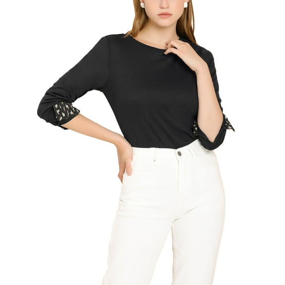 MODA NOVA Junior's Round Neck Long Sleeve Button Cuff Knit Top Blouse Black XL