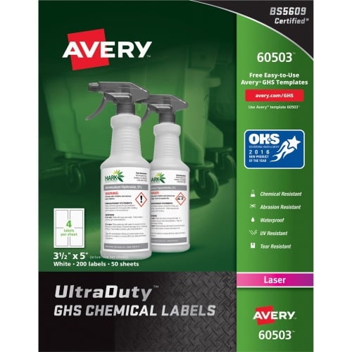 Avery UltraDuty GHS Chemical Labels for Laser Printers, Permanent Adhesive, Waterproof, UV Resistant, 3-1/2