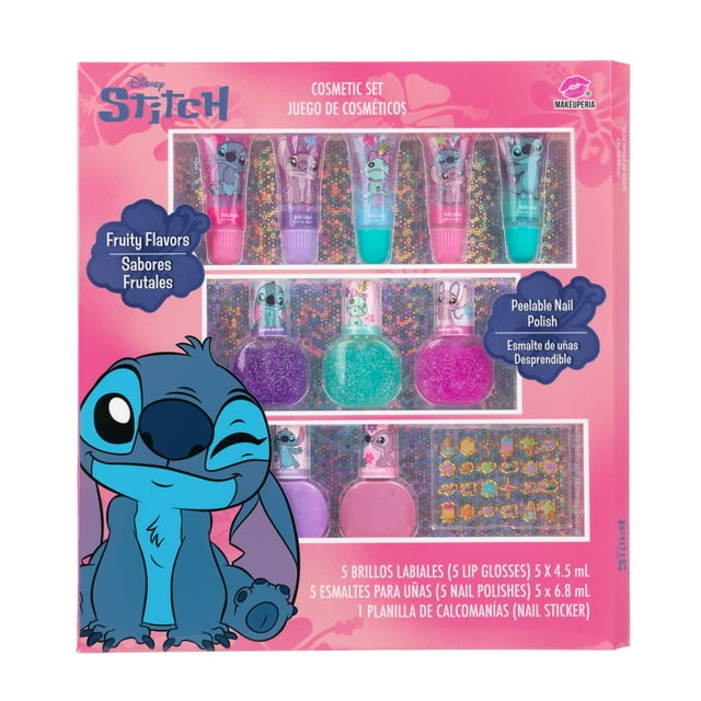 Cosmetic Set Stitch con Esmaltes y Brillos Labiales, Caja de Regalo para Niñas con Bandeja al Vacío - MAKEUPERIA