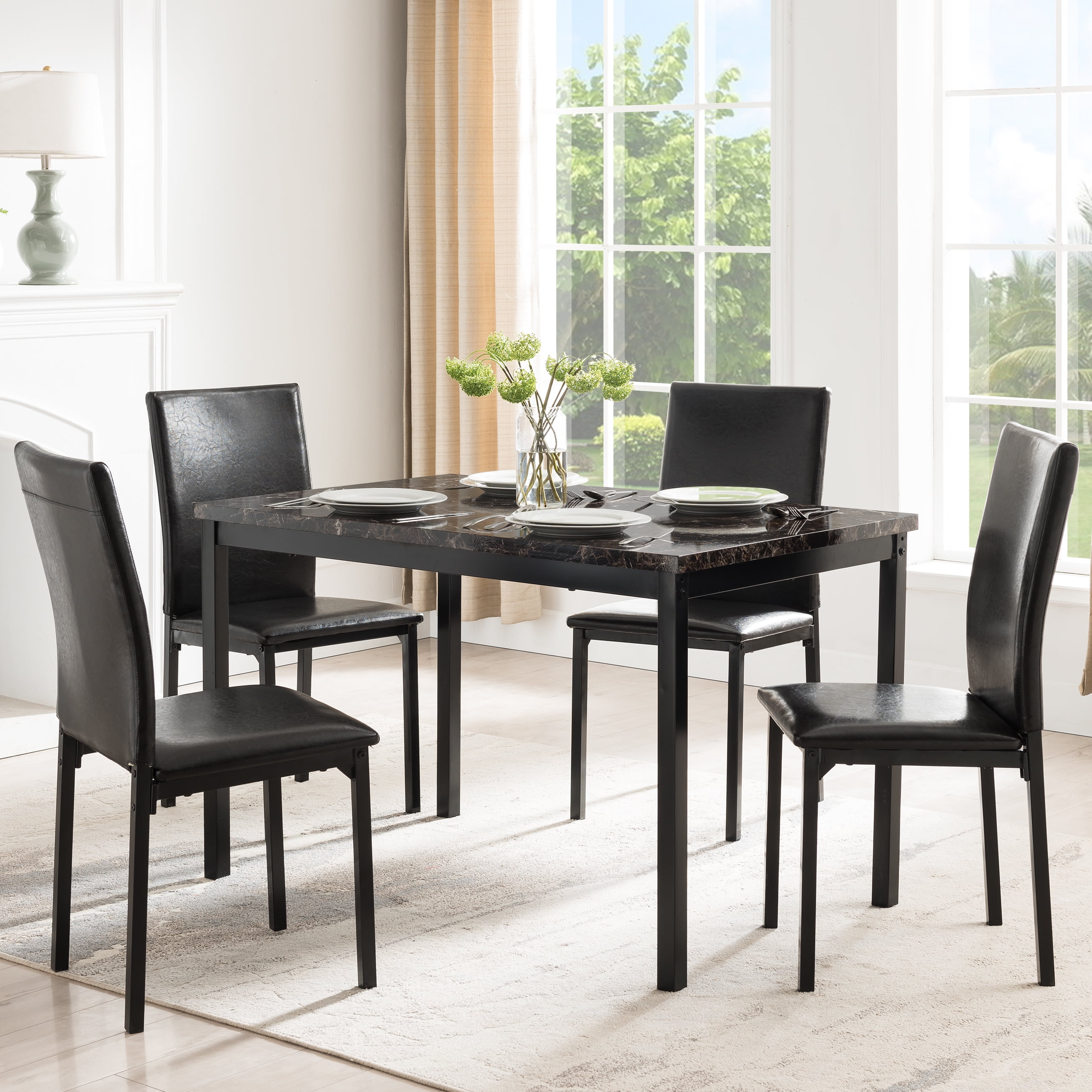 5 Piece Dining Set Faux Marble Table Top & PU 4 Black Chairs Living Room Kitchen 
