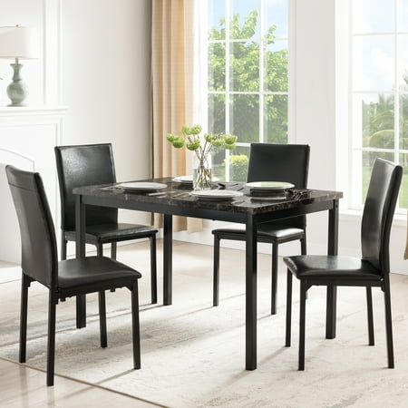 Mainstays 5 Piece Dining Set, Faux Marble Table Top and 4 PU Chairs, Brown and Black Color, Set of 5, Include 1 Table and 4 Chairs (4 People Seating Capacity)