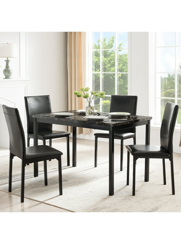 Mainstays 5 Piece Faux Marble Dining Table and 4 PU Chairs Set, Black Color, Set of 5 for Kitchen