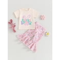 thumbnail image 2 of Suealasg Kids Girl Easter Clothes 2Pcs Toddler Baby Girl Summer Outfit Short Sleeve Crew Neck Letters Print Tops +Bunny Print Elastic Flare Pants, 2 of 9