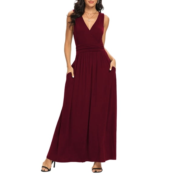 Asklazy Women Sleeveless Deep V Neck Loose Plain Long Maxi Casual Dress,Mother's Day,L,Wine Red