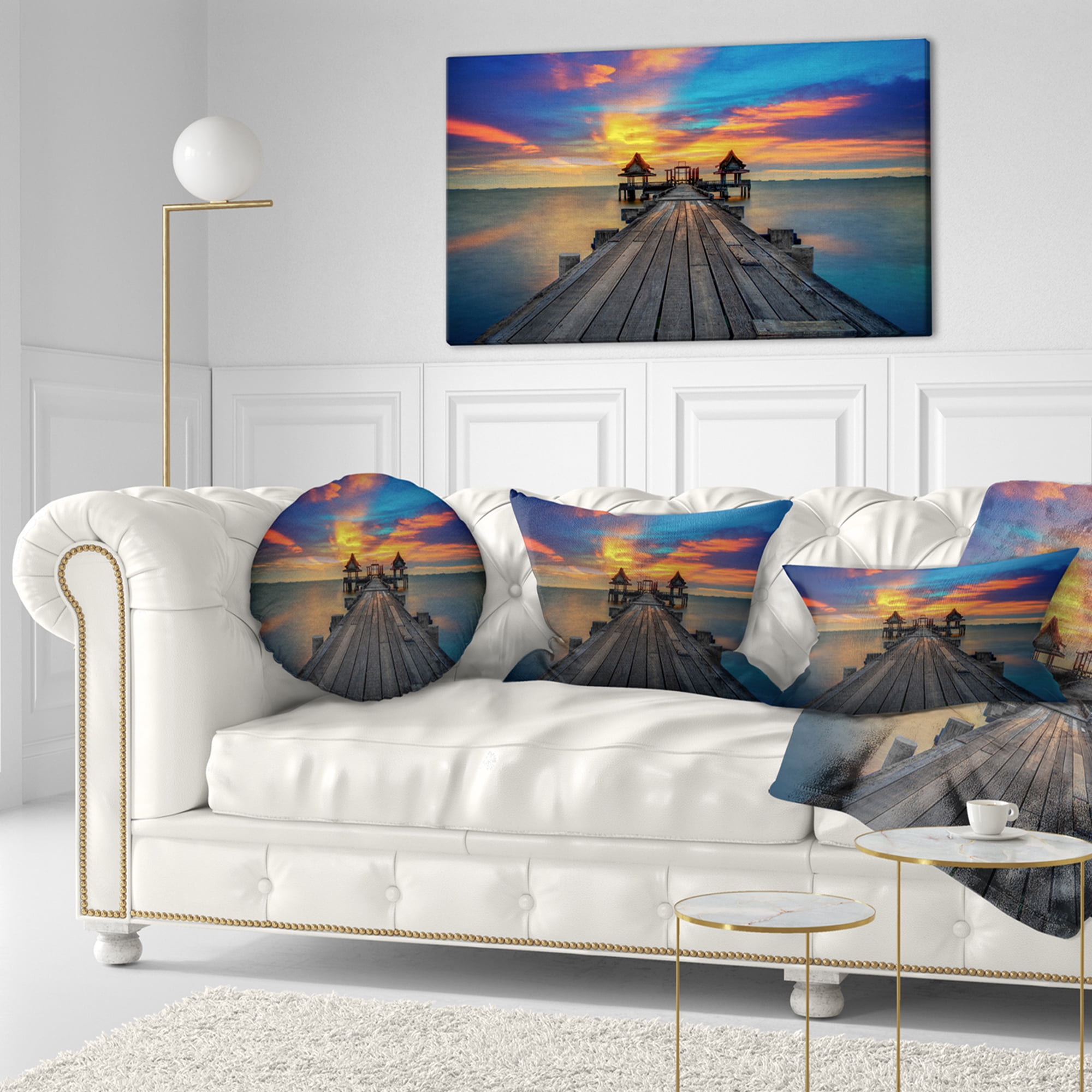 Designart Wide Wooden Bridge into Distant Sun - Pier Seascape Throw Pillow - 12x20