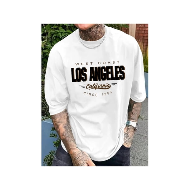 Cotton Short Sleeve T-Shirt Vintage West Coast Los Angeles Print T-Shirt for Men - Casual Cotton Knit Fabric, Unisex, Summer Collection, Round Neck