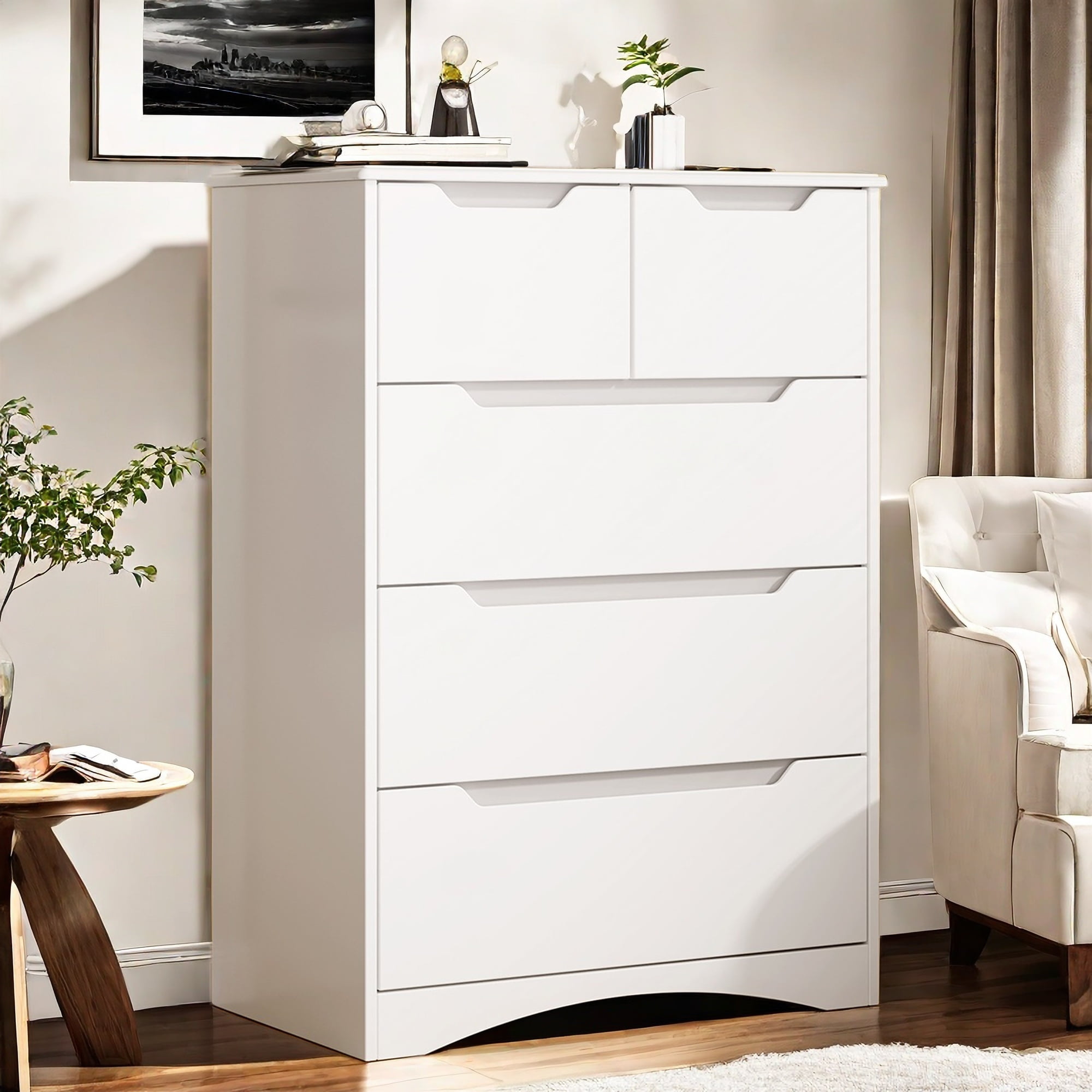 Dresser for Bedroom, Lofka Modern Wood Chest of Drawers with Cutout Handles, Deep Drawers, Smooth Metal Rail