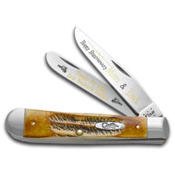 Case XX Knives 6.5 Happy Anniversary Mom & Dad Bone Stag Trapper 1/999 Stainless Pocket Knife 6.5-HAMD